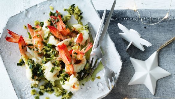 Steamed Ballina king prawns with sea parsley, spring onion and ginger dipping sauce.