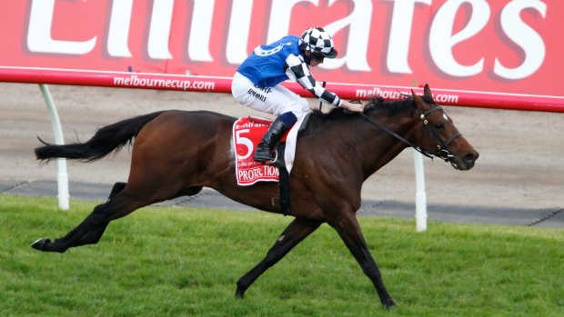 Protectionist winning the 2014 Melbourne Cup.