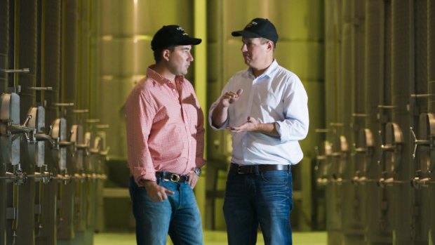 Boundary Bend co-founders Paul Riordan (left) and Rob McGavin, at one of the Victorian storage facilities for Cobram Estate extra virgin olive oil.
