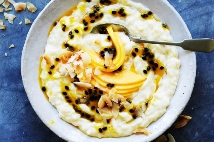 Soothing mango and passionfruit rice pudding.