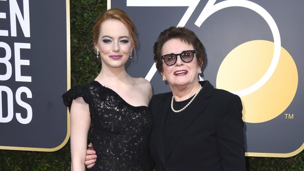Billie Jean King, right, attended the Golden Globes Awards this week with Emma Stone, who portrayed her in the film Battle of the Sexes.