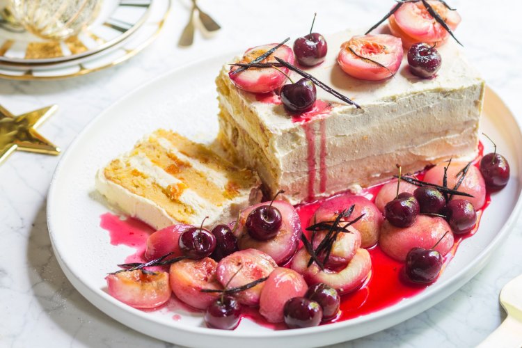 Peach and mascarpone torte with vanilla roasted peaches and cherries.