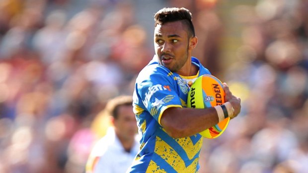 Bevan French of the Eels makes a break during the Auckland Nines.