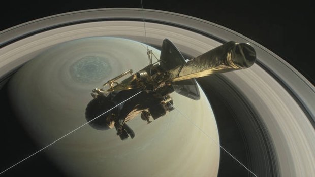 This artist's rendering shows NASA's Cassini spacecraft above Saturn's northern hemisphere, heading toward its first dive between Saturn and its rings on April 26, 2017. Credits: NASA/JPL-Caltech