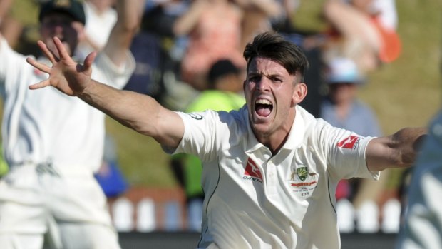 Appealing numbers: Australia's Mitchell Marsh appeals for the wicket of Brendon McCullum.