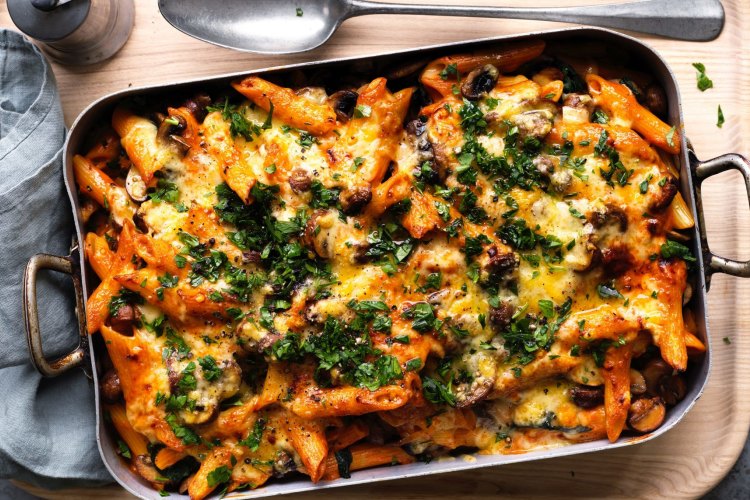 Adam Liaw's mushroom and spinach stroganoff pasta bake.