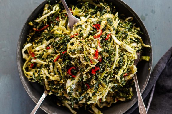 Vegan-friendly cabbage, kale and chilli slaw.