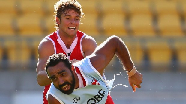 Adam Goodes and Dane Rampe at Swans training in 2013.