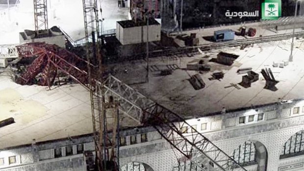 In this still image taken from video released by Saudi TV, a crane is seen collapsed over the Grand Mosque in Mecca, killing dozens on September 11.