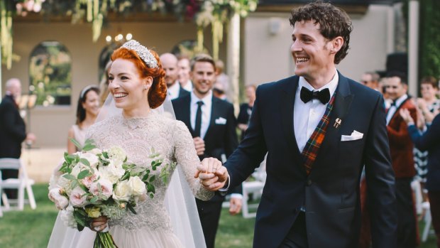 The Wiggles' Emma Watkins and Lachy Gillespie at their wedding on April 9, 2016. 