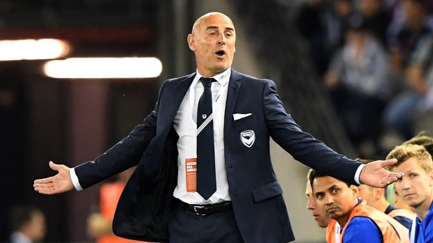 Asking the question: Melbourne Victory coach Kevin Muscat reacts after a decision.