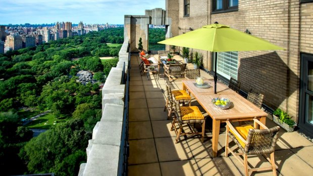 Outdoor terrace of the JW Terrace Suite at Essex House in New York, overlooking Central Park.