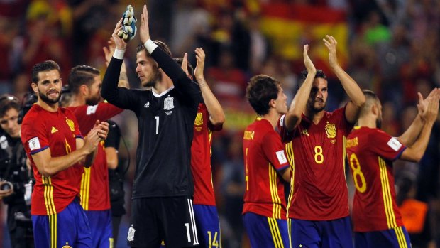 Checked in: Spain players celebrate after locking in automatic qualification.