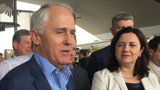 Moreton Bay Mayor Allan Sutherland, Prime Minister Malcolm Turnbull and Premier Annastacia Palaszczuk open the Moreton Bay Rail Link.