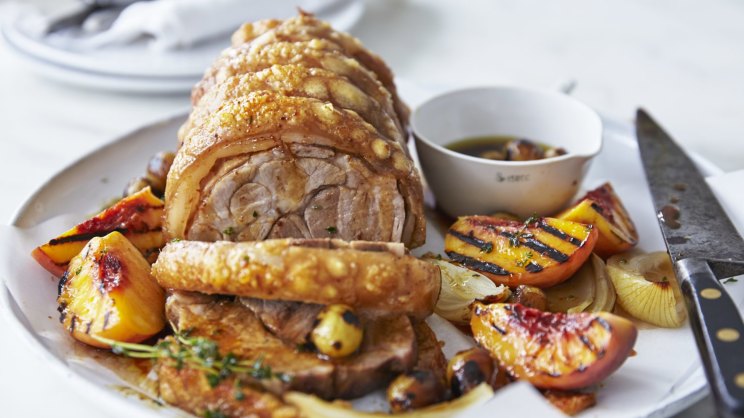 Roasted pork scotch fillet with burnt honey and grilled peaches