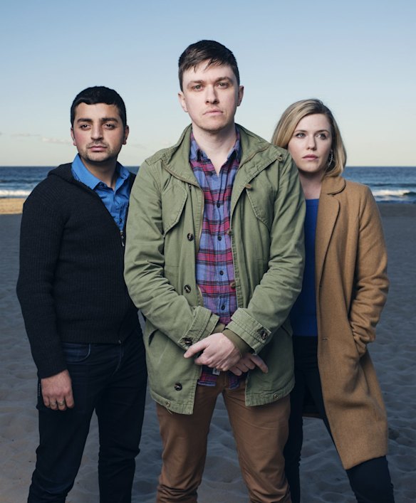 <i>Down Under</i> director Abe Forthsythe with stars Rahel Romahn and Harriet Dyer.