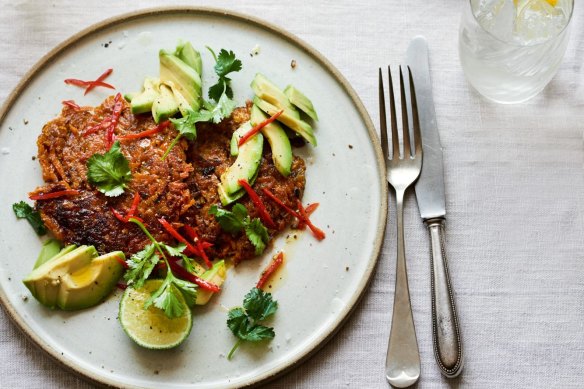 Savoury treat: Sweet potato rosti with avocado, coriander and chilli. 