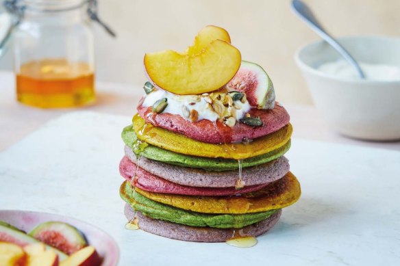 ​Ease, taste and gut-love flipped into one: Eat-the-rainbow pancake stack.
