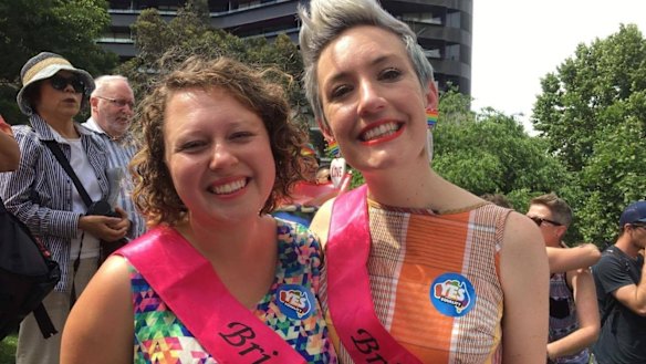 Kirsty Albion and Kelly Mackenzie at the announcement of the postal survey results.