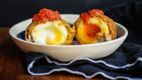 Bloody Mary pork scotch egg with tomato-Tabasco relish.