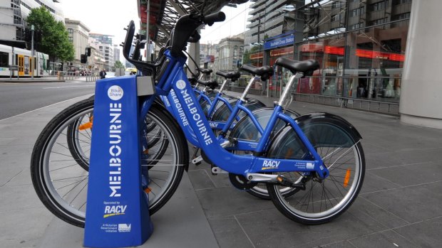 Melbourne Bike Share bikes lined up outside Southern Cross station in 2010.
