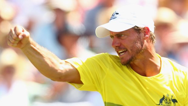 Fiared up: Lleyton Hewitt on the opening day of the Australia-US Davis Cup clash.