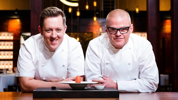Heston Blumenthal (right) and executive chef Ashley Palmer-Watts with their 91-step dessert 'Verjus in Egg'.