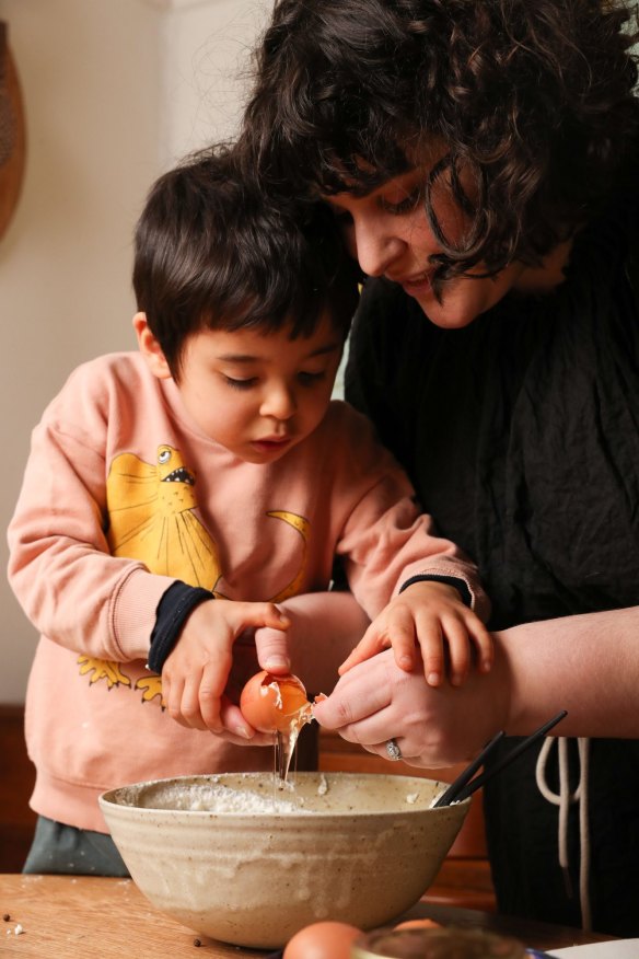 Julia Busuttil Nishimura baking with her son Haruki, 5.