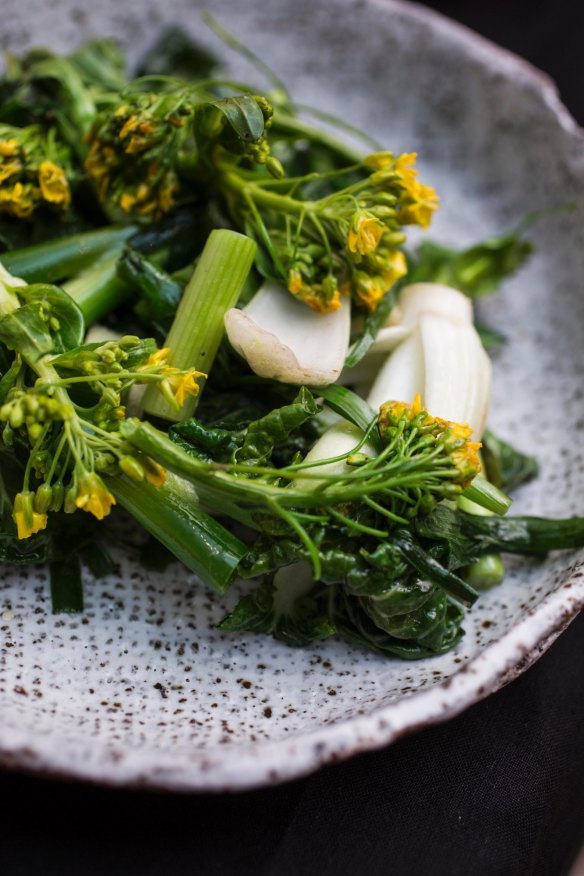 Stir-fried sprouted Chinese greens.