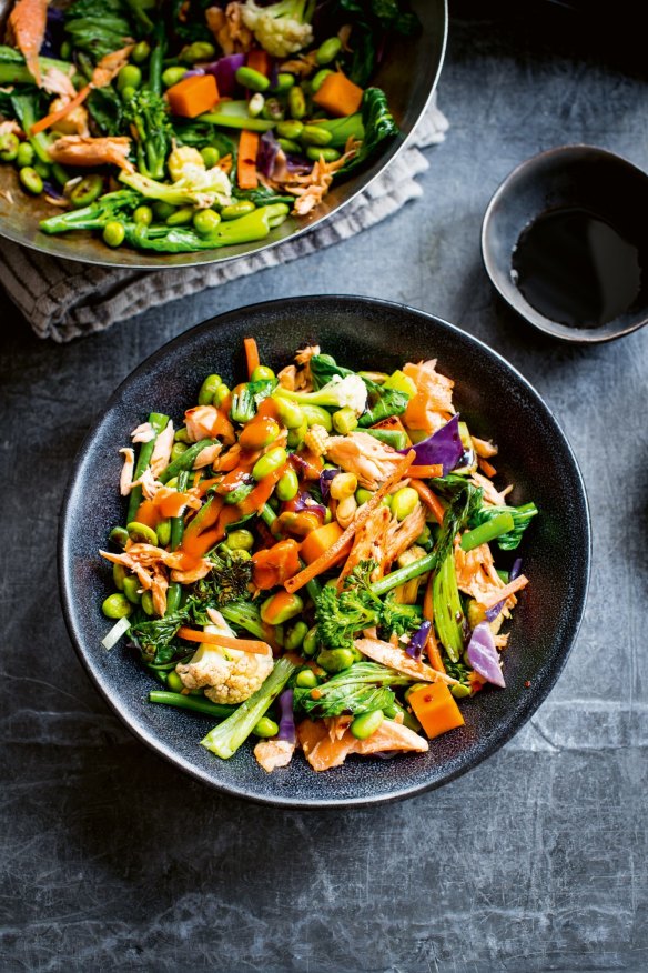 Sweet chilli salmon with edamame from The Fast 800 Easy cookbook.