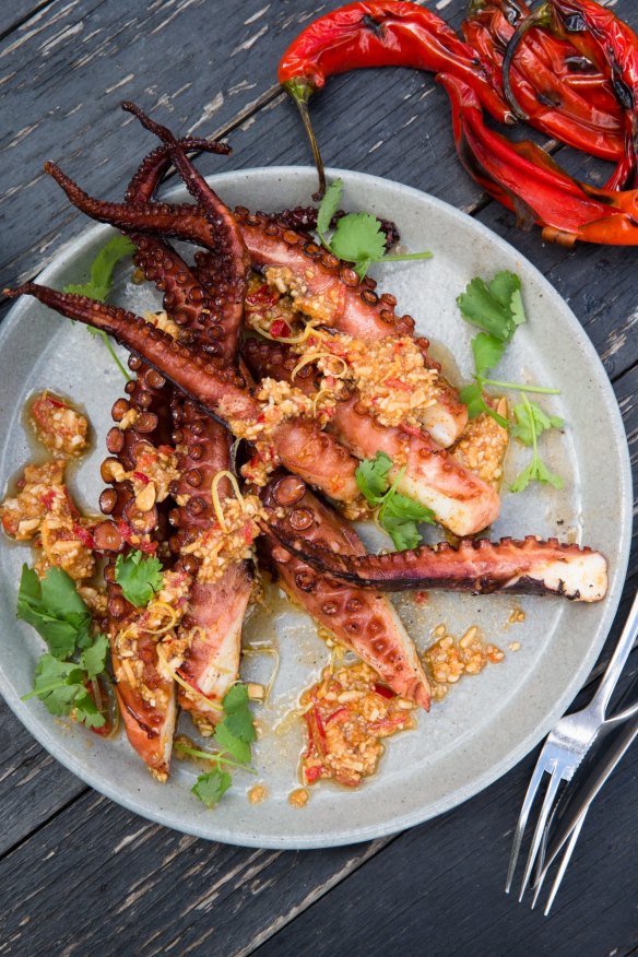 Barbecued octopus by the Three Blue Ducks.
