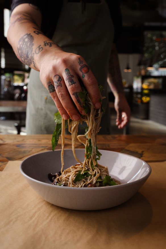 Soba noodles with shiitake mushrooms.
