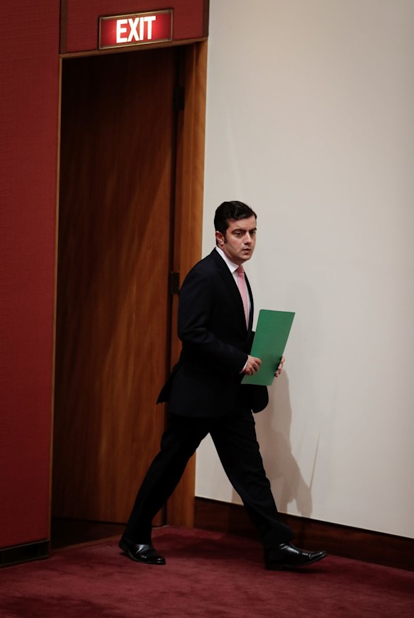 Senator Sam Dastyari arrives to deliver a statement to the Senate.