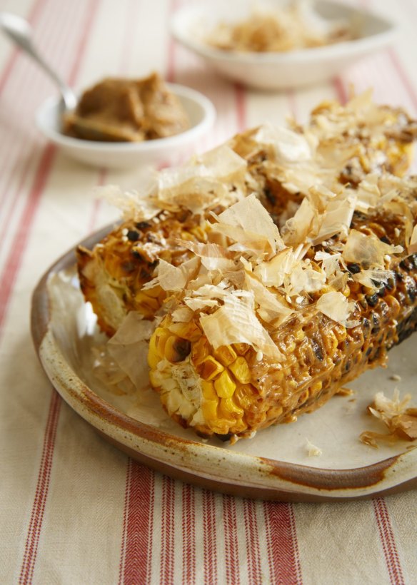 Grilled corn with miso butter and bonito flakes (katsuobushi).