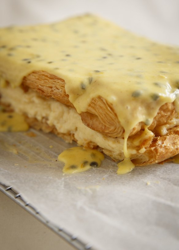 Vanilla custard slice with passionfruit icing