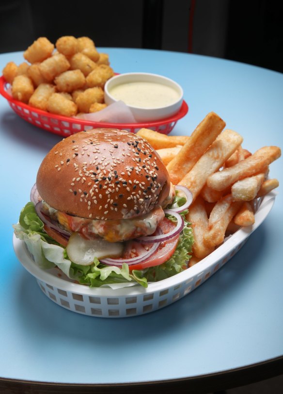 Burger and chips, plus potato gems.