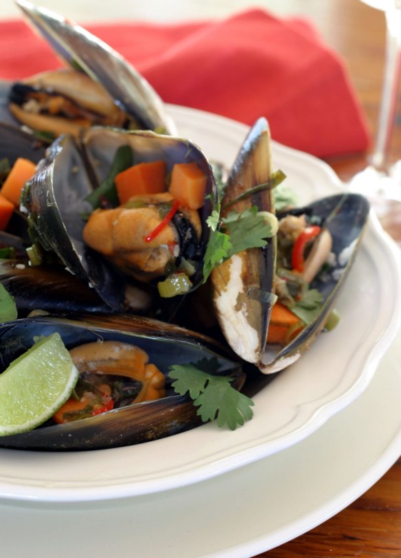 Thai-style mussels with sweet potato.