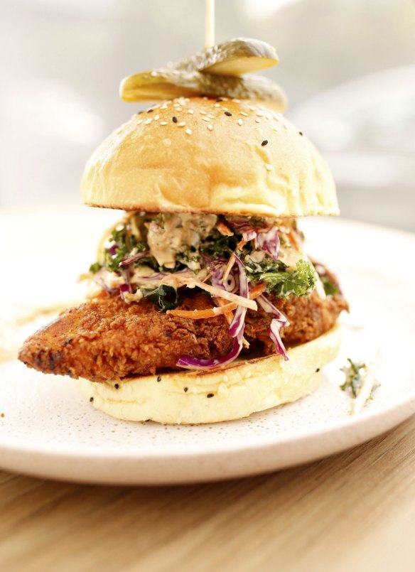 Drool-worthy dude food: the fried chicken burger.