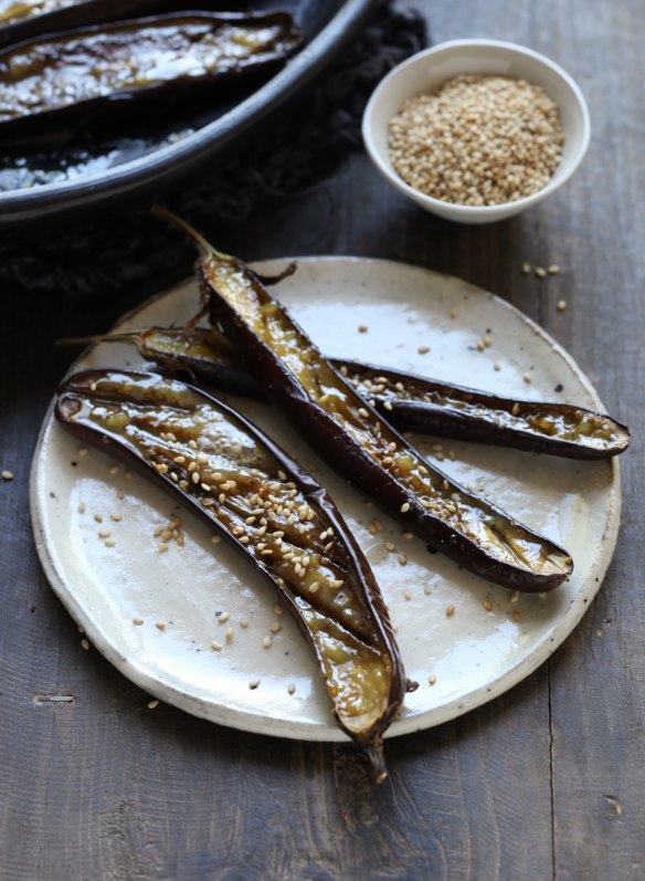 Baked eggplant with miso and sesame.