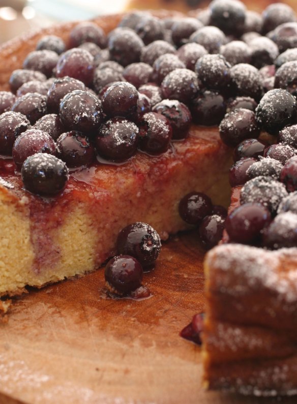 Orange and almond cake topped with blueberry compote.