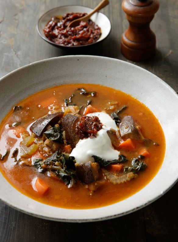 Jill Dupleix's eggplant and winter greens soup.