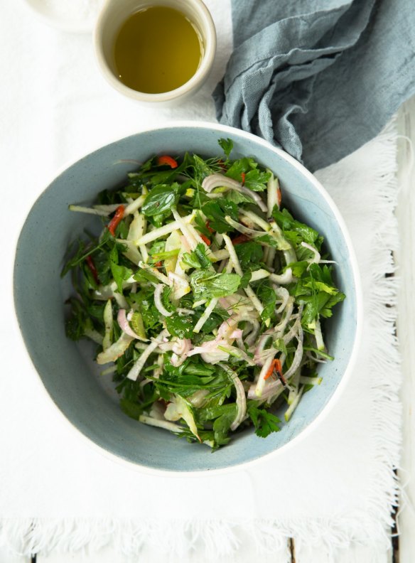 Pear and charred fennel salad with a hint of chilli.