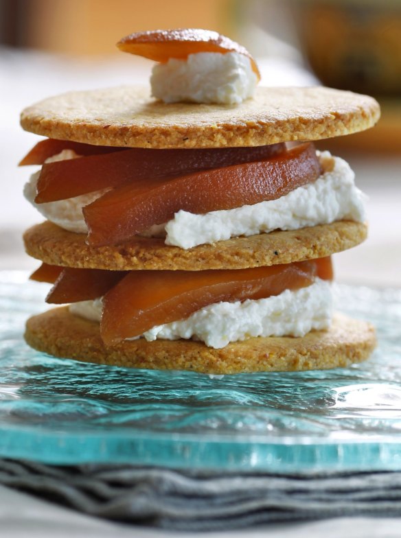 Baked quince and polenta shortbread stacks.