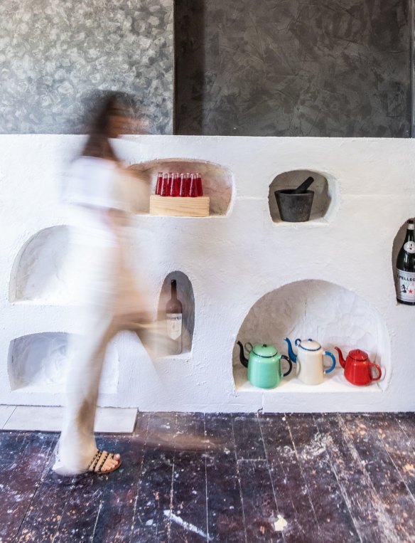 A wall of decorative niches adds character to the upstairs dining room at Rosella in Fitzroy.