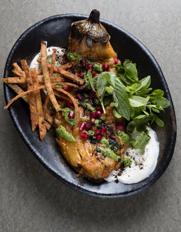 The charcoal eggplant with pomegranate, pine nuts and mint salad.