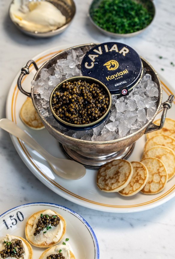 Caviar is served with blinis, brioche, creme fraiche and chives at Whalebridge.