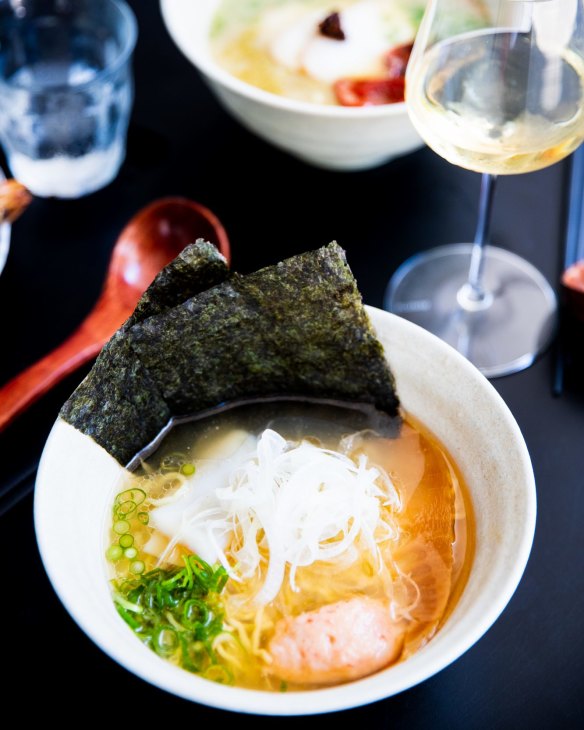 Seafood ramen with a prawn dumpling and scallop silk.