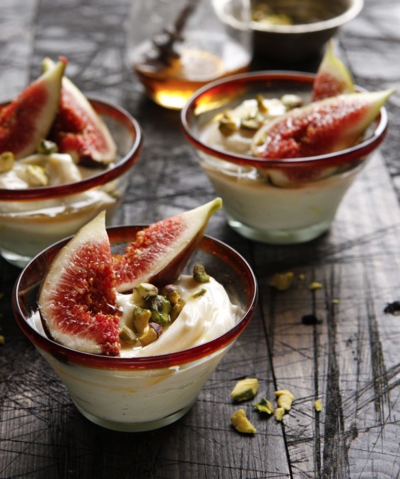 Saffron-streaked yoghurt with figs and pistachios.