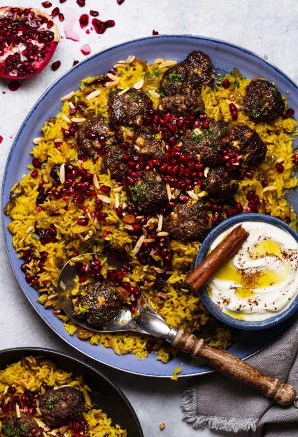 Beef koftas perched on Persian-style rice.