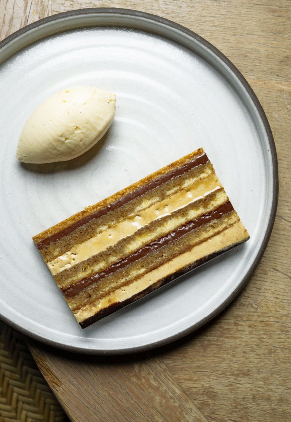 Precision: Almond and coffee opera cake.